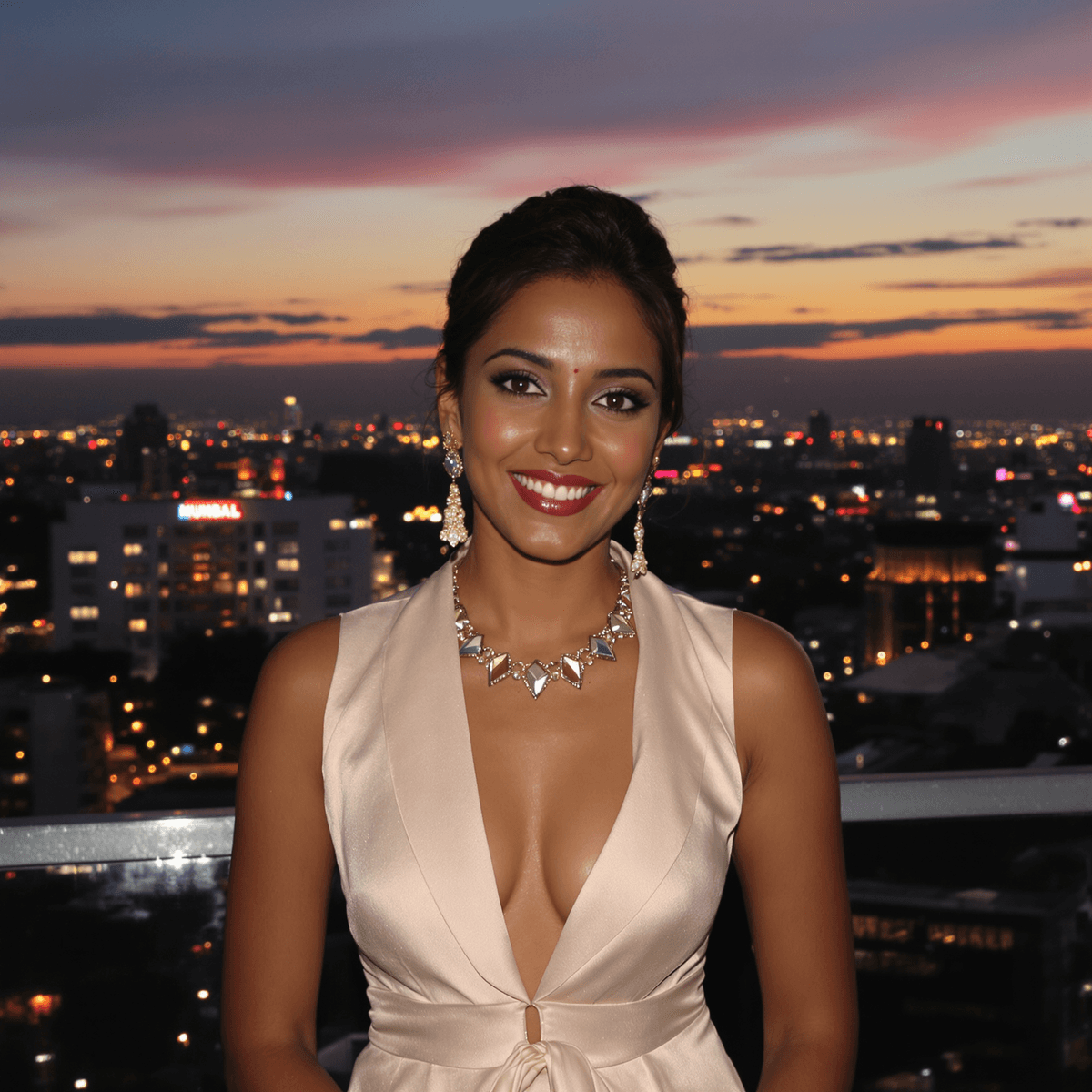 Elegant young mumbai escorts woman in sophisticated evening attire smiling confidently against a modern cityscape at twilight.