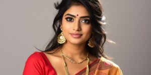 independent housewife from bangalore jazzleen Shetty elegantly dressed in a red saree with gold jewelry, embodying South Indian cultural beauty.